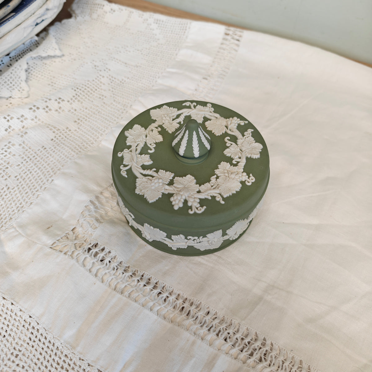 Vintage Wedgwood jasperware sage green trinket box