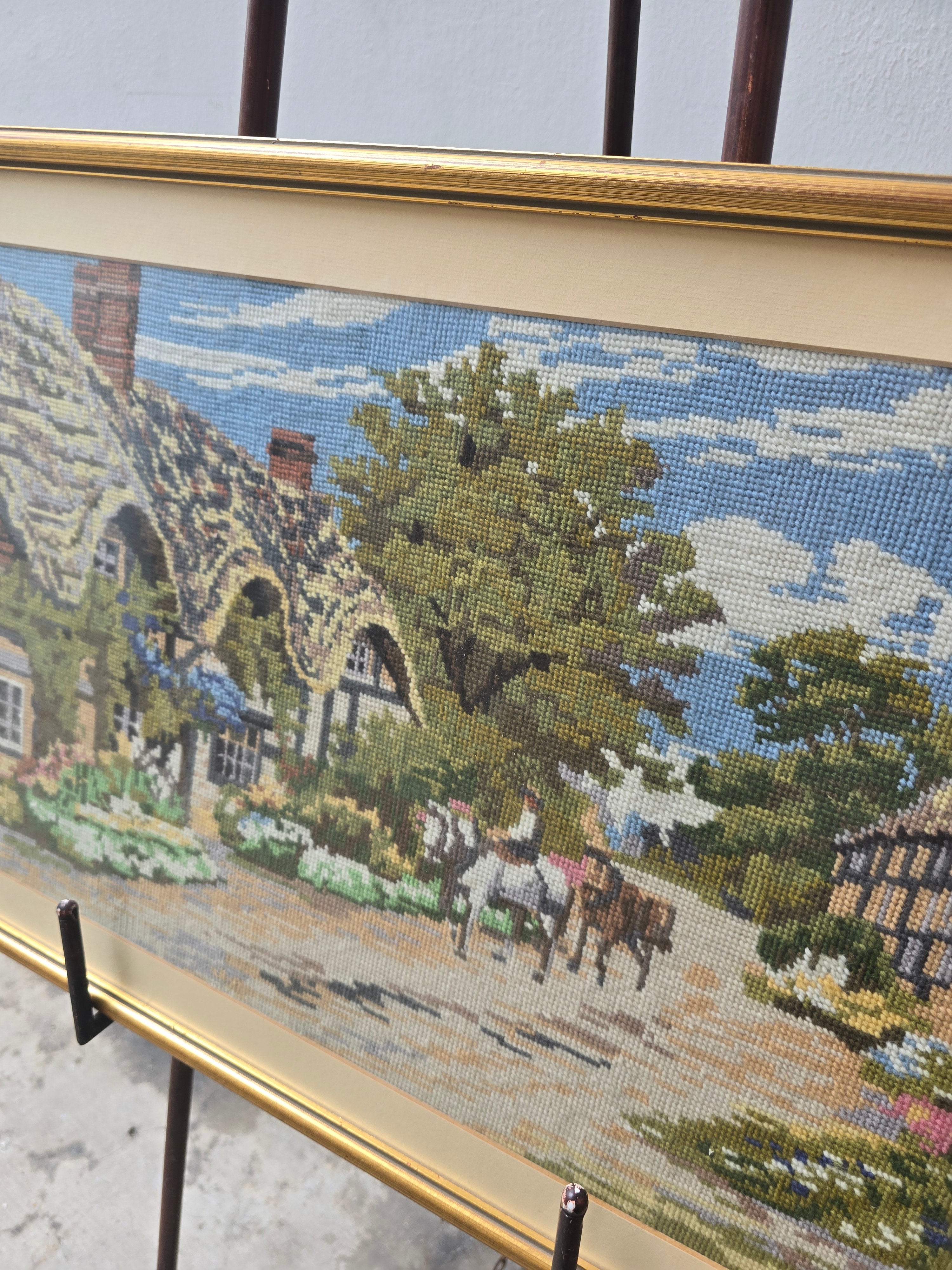 Vintage 1980s Decor. Needle Work Tapestry Picture. Embroidered Cross Stitch Picture