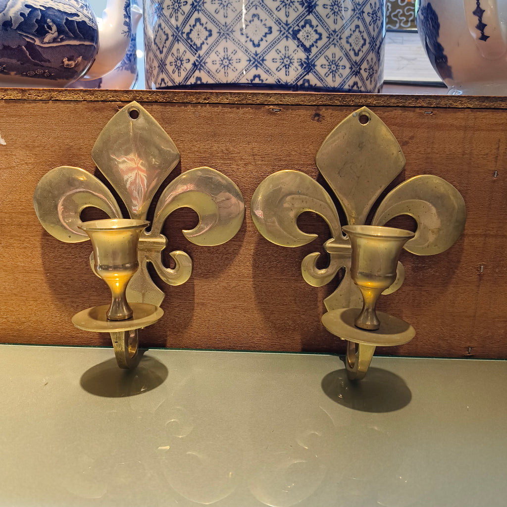 Pair of Antique Brass Fleur-de-Lis Wall Candle Sconces