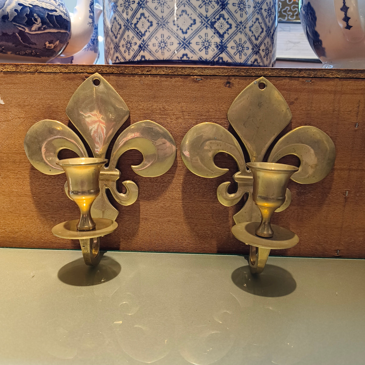 Pair of Antique Brass Fleur-de-Lis Wall Candle Sconces
