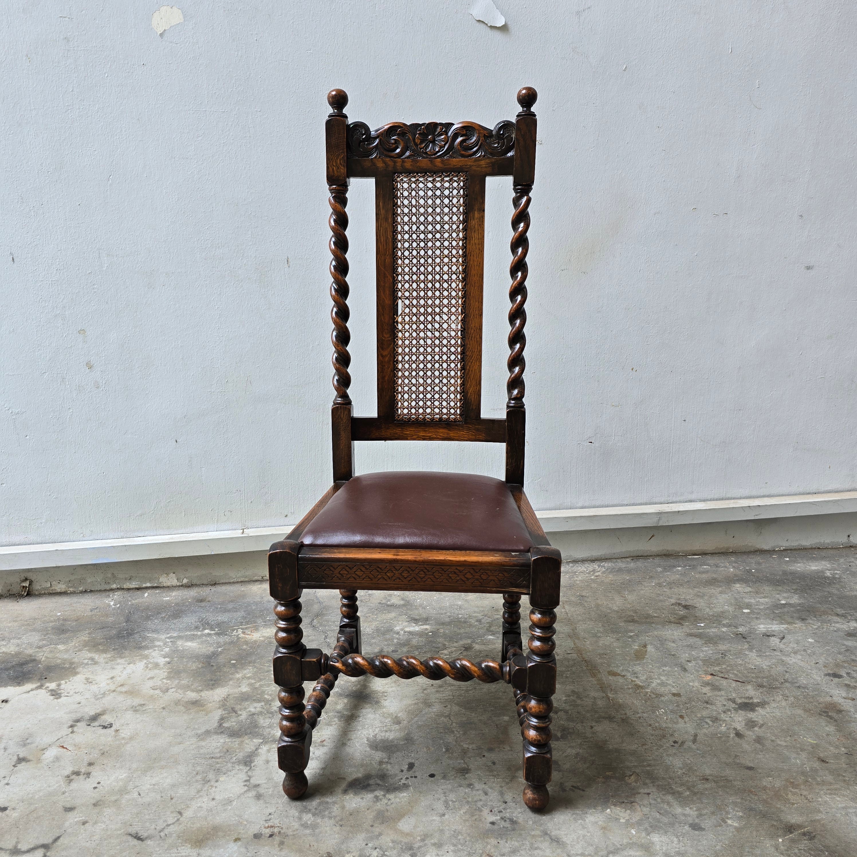Antique Ewardian Barley Twist High Back Dining Chair | Oak on Turned Supports
