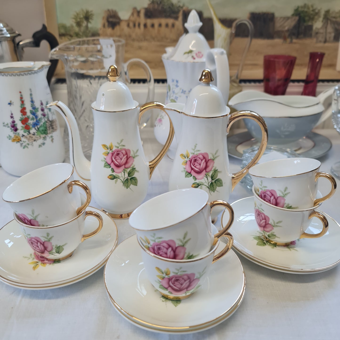 European made Coffee set with pretty pink rose