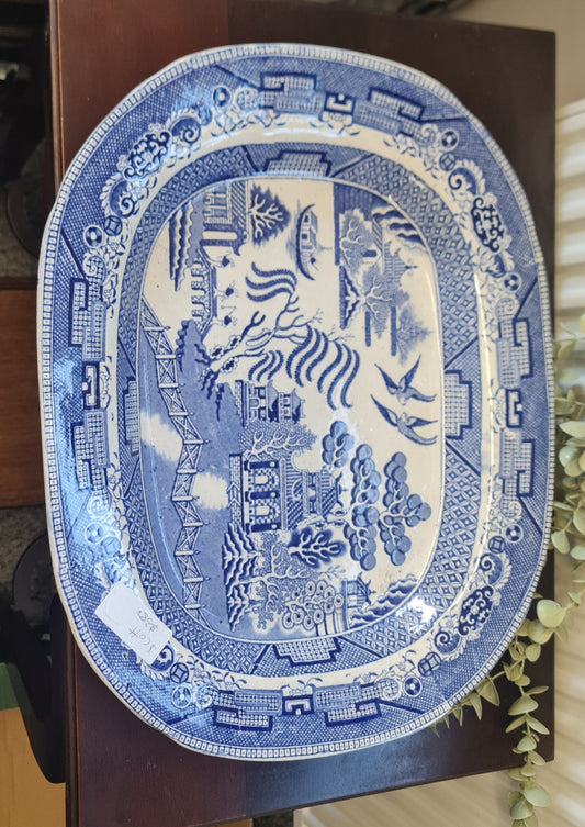 Antique big blue willow platter by Old Foley c.1856-1864