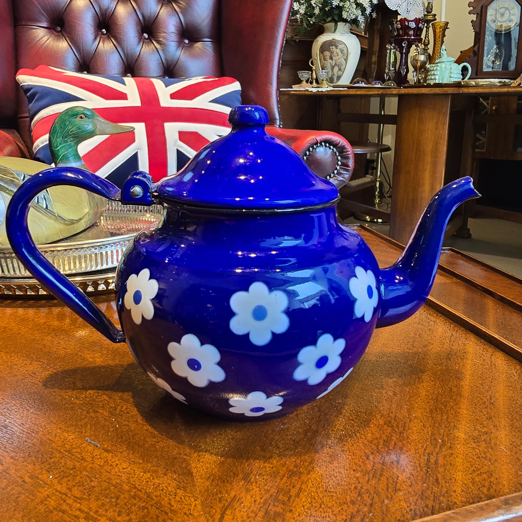 Vintage Cobalt Blue Enamelware Teapot, White Daisy Pattern – Made in Yugoslavia, c.1960s–70s