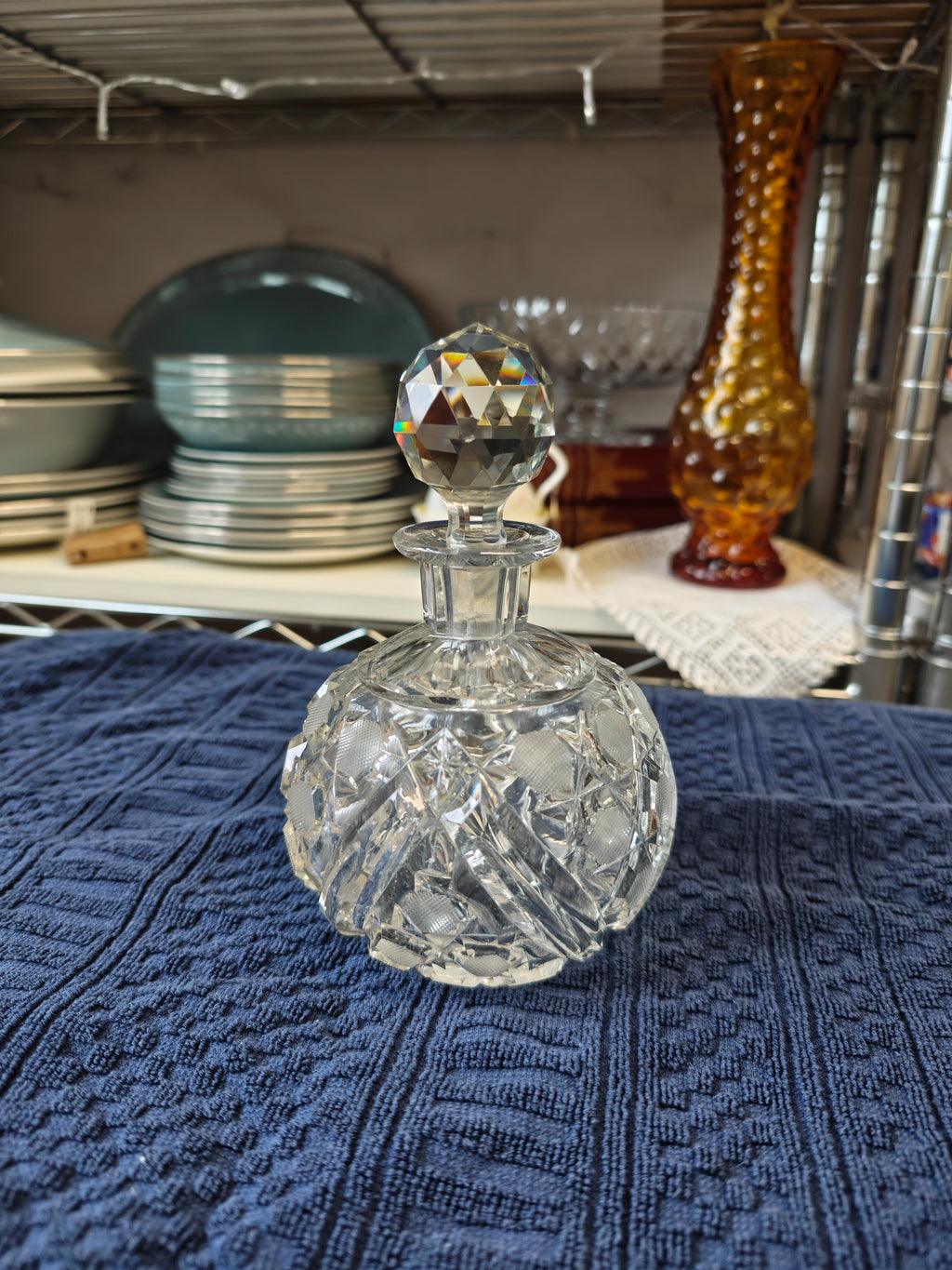 Vintage heavy pressed glass perfume bottle - very minor nip at the bottom of the lid