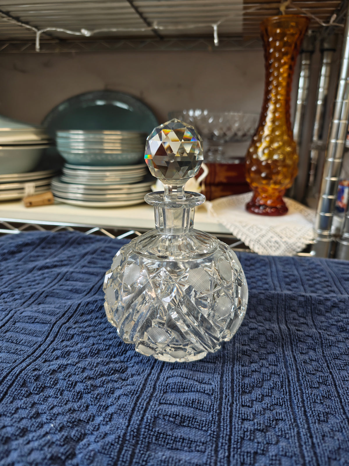 Vintage heavy pressed glass perfume bottle - very minor nip at the bottom of the lid
