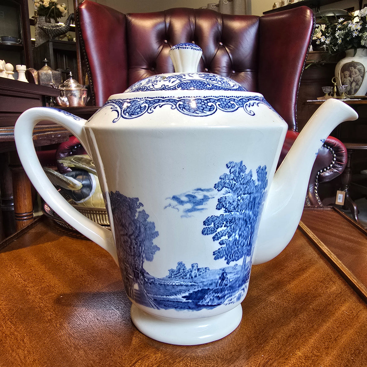 Vintage Royal Tudorware Blue and White Coffeepot, Barker Bros.