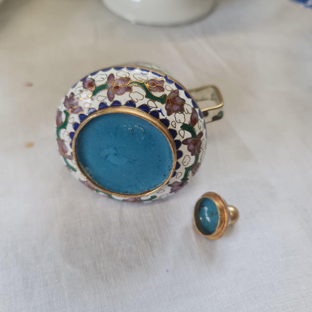 Cloisonné Ming Dynasty White w/Flower. Beautiful miniature cloisonne teapot