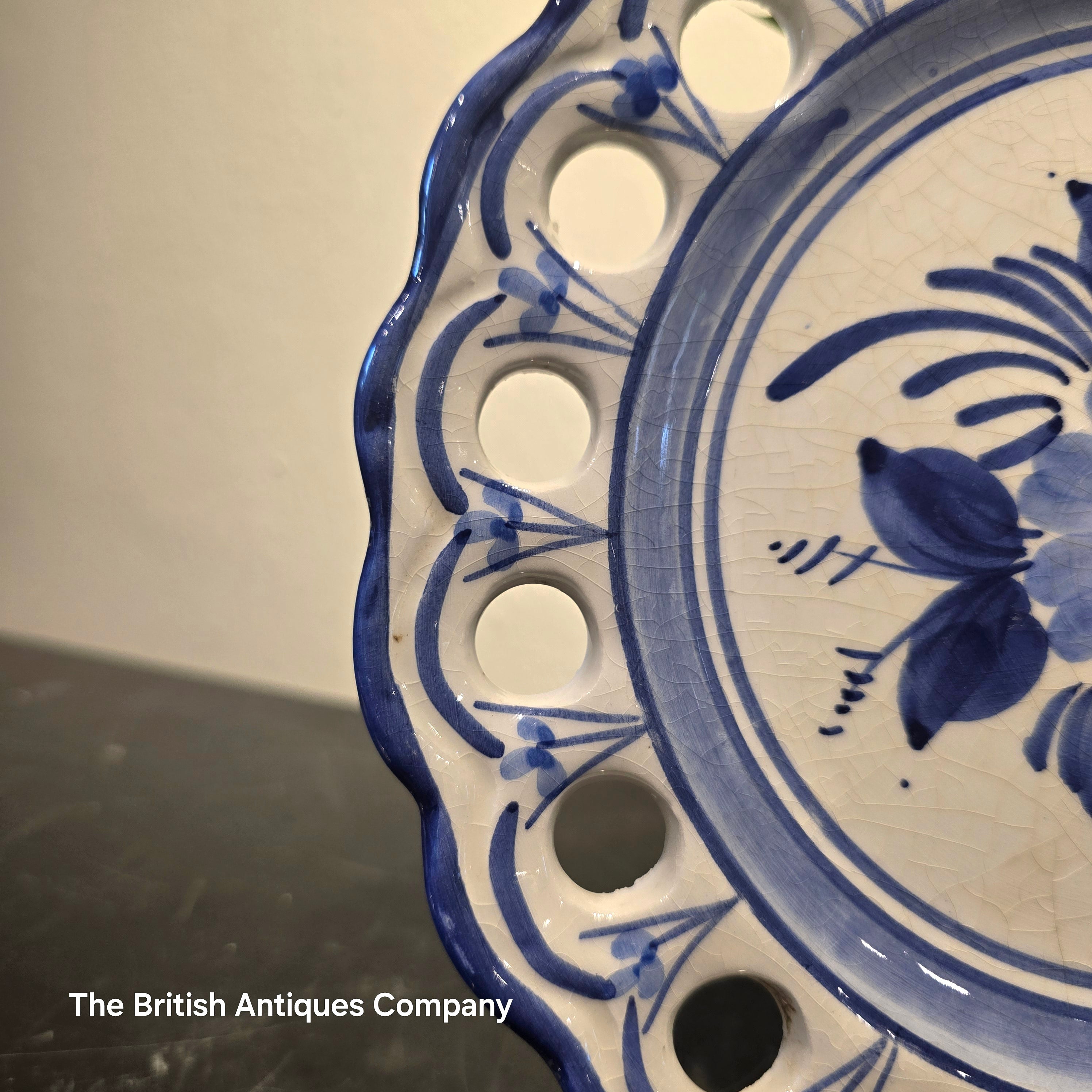 Hand-Painted Blue & White Faience Plate with Pierced Border and Floral Motif