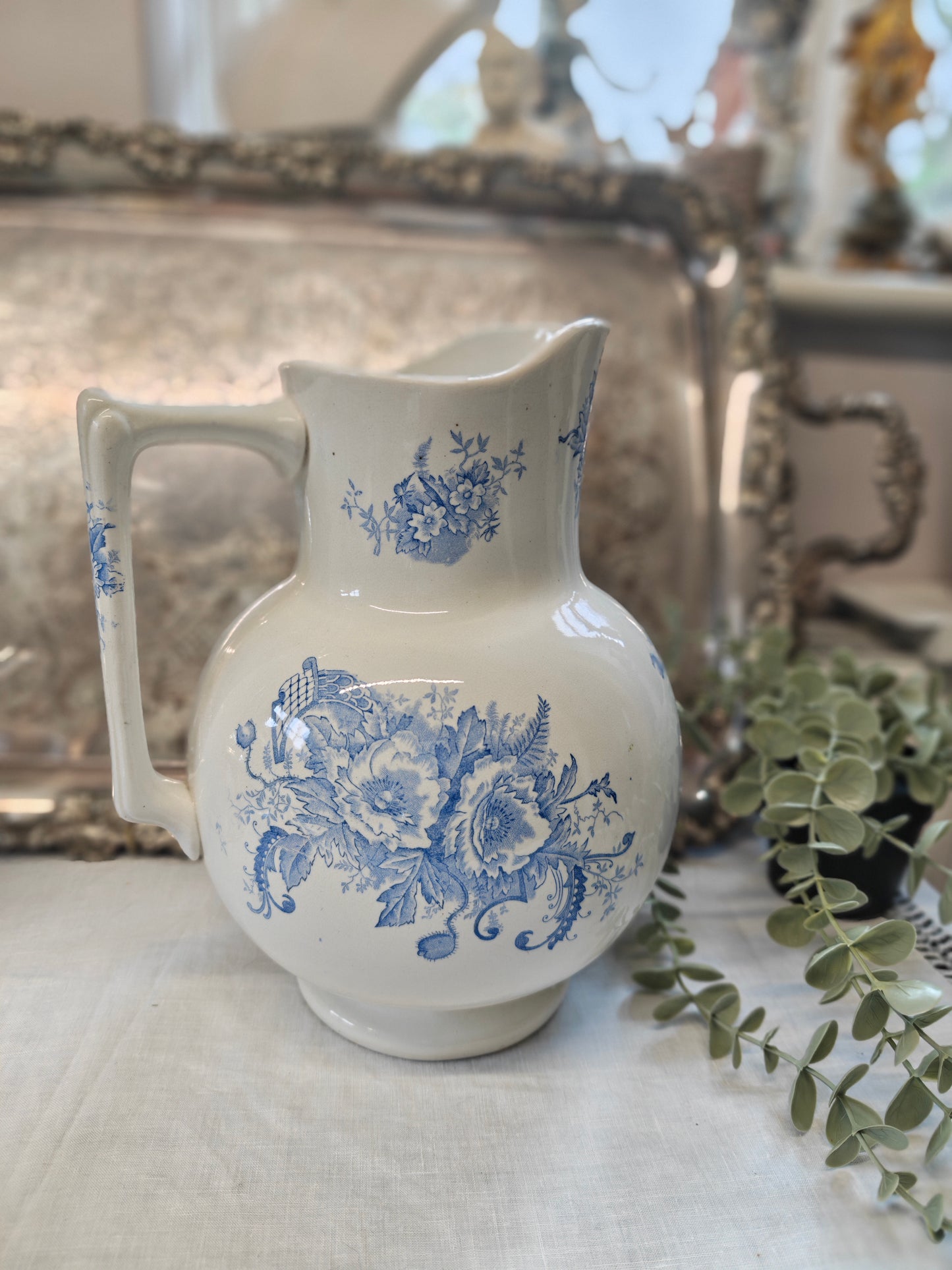 19th french Antique jug with blue transferware
