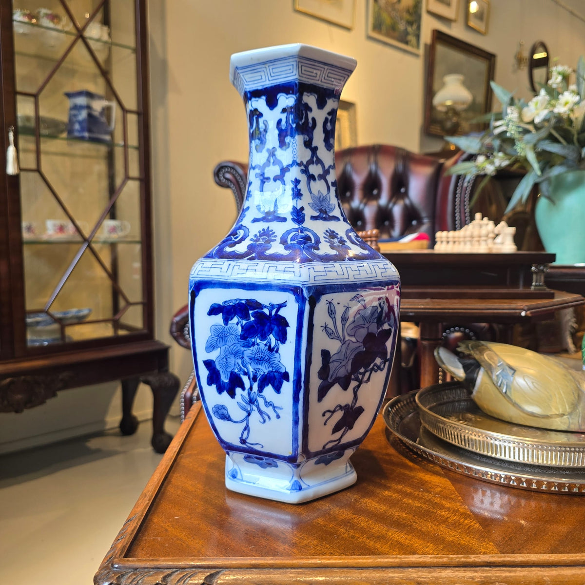 Antique Blue and White Hexagonal Porcelain Vase