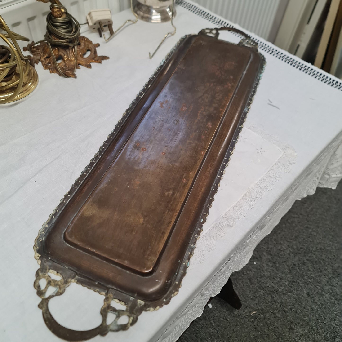 Antique brass serving Tray with peacock design