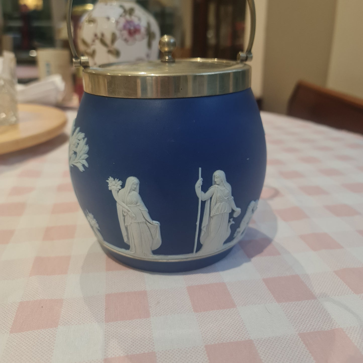 Post 1906 Antique Wedgwood Blue Jasperware Biscuit Barrel