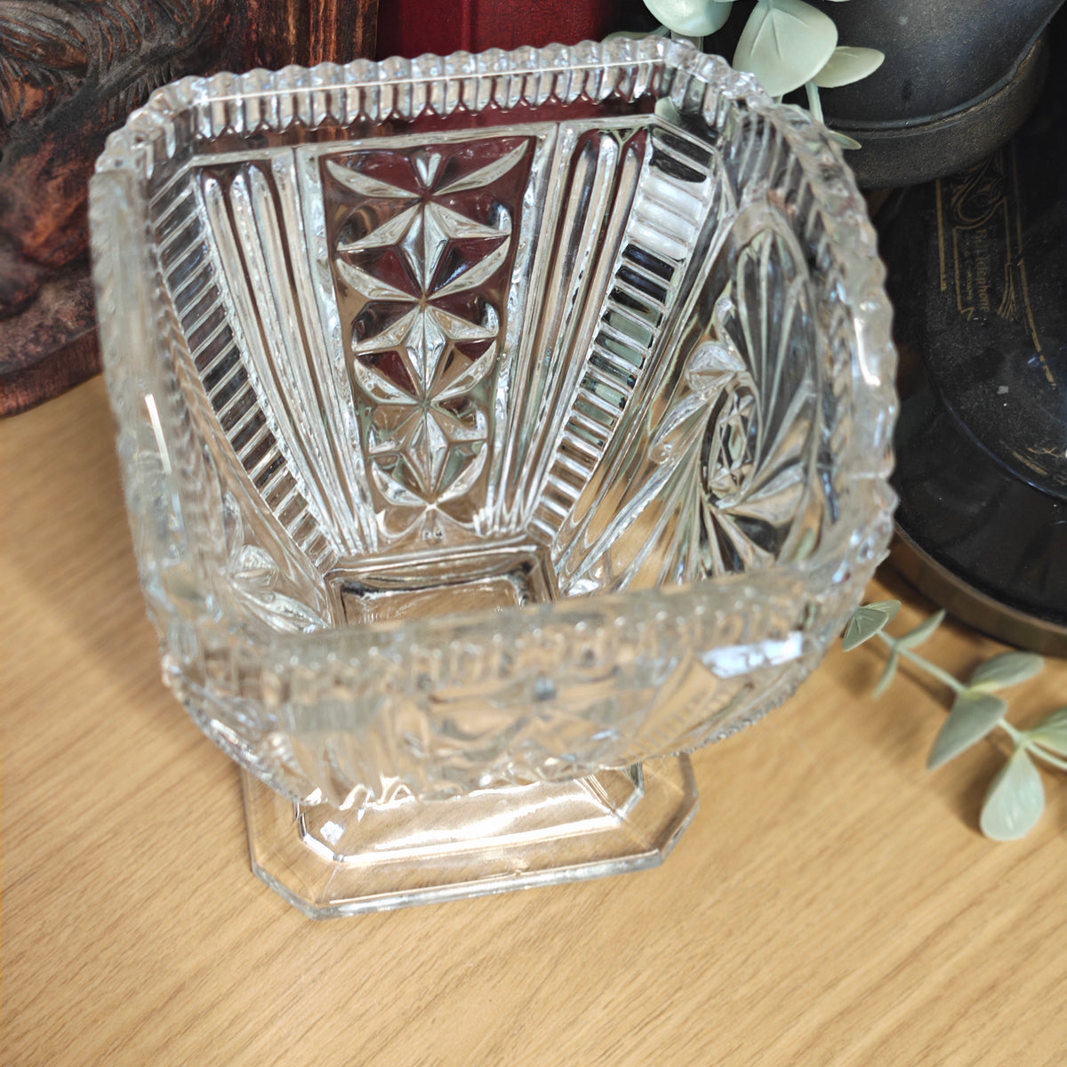 Vintage pressed glass bon bon or biscuit jar with a stainless steel lid