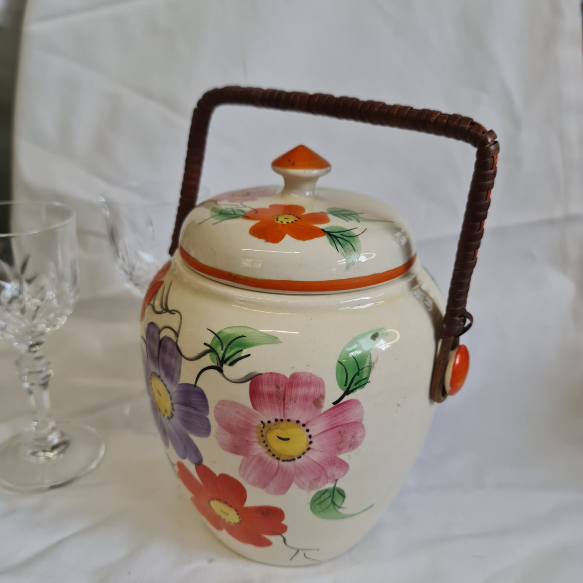 Vintage Authur wood biscuit barrel handpainted