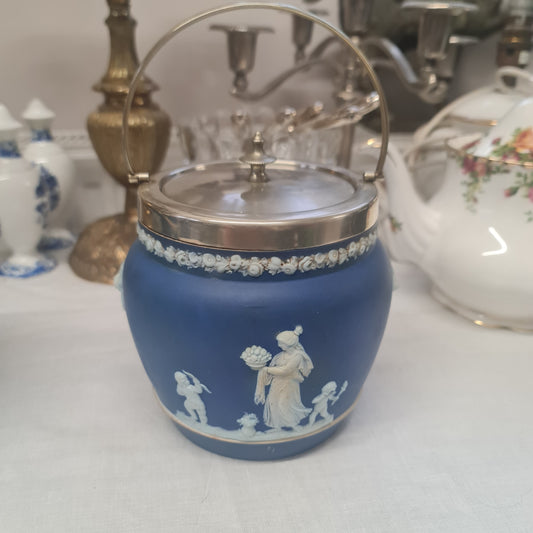 Wedgwood Jasperware dark blue biscuit barrel