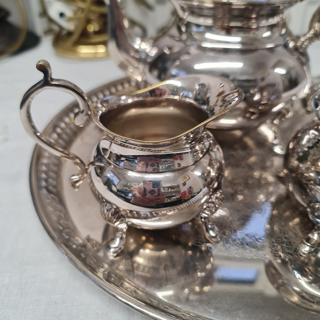 Vintage silver plated teapot , milk jug , sugar bowl and tray
