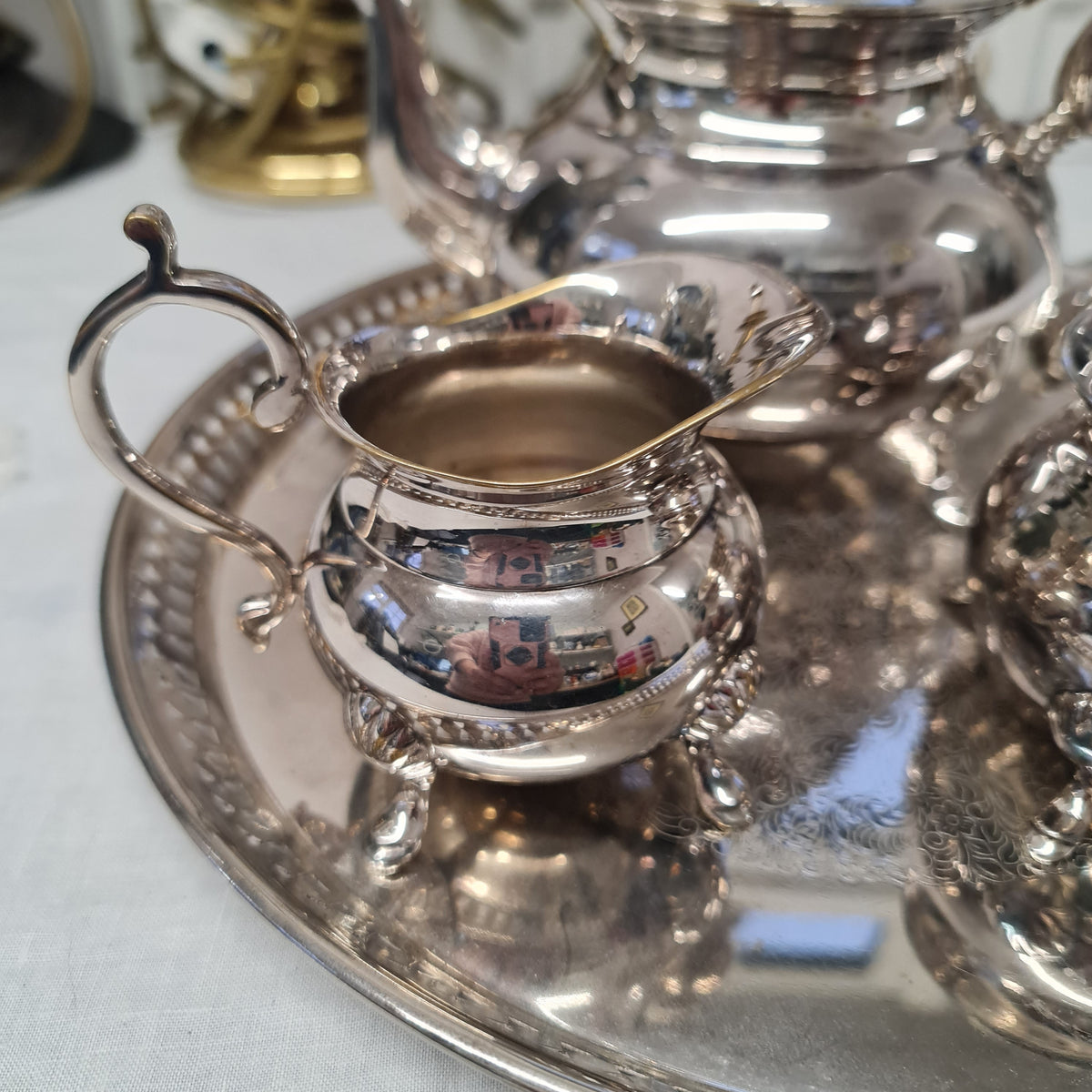Vintage silver plated teapot , milk jug , sugar bowl and tray