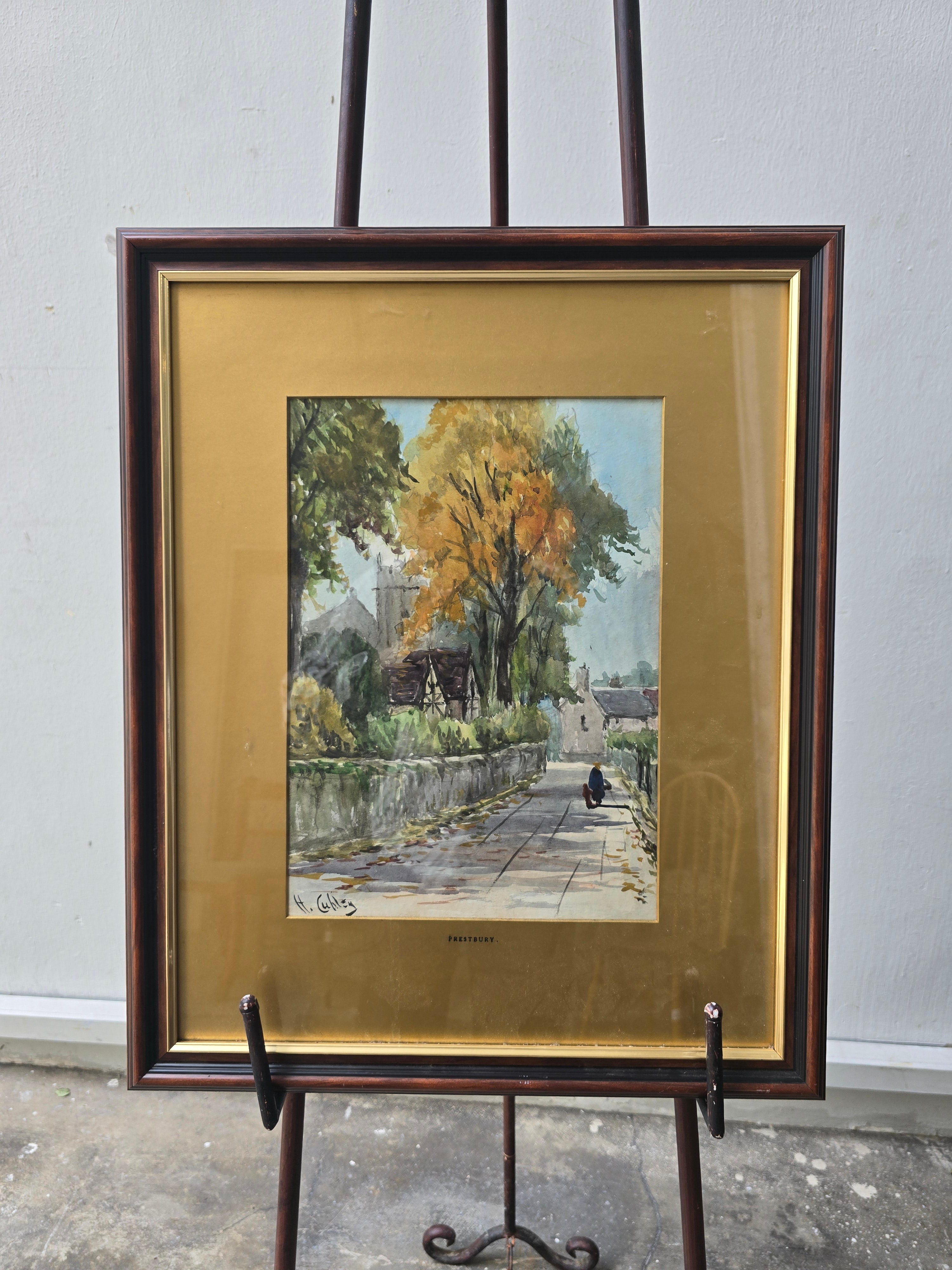 Village Lane Painting of Prestbury UK, signed by artist H.Cuhley