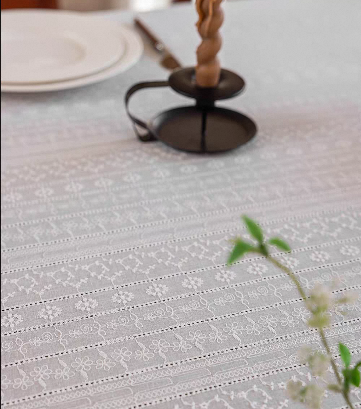 Whimsical French cottage style lace cotton table cloth