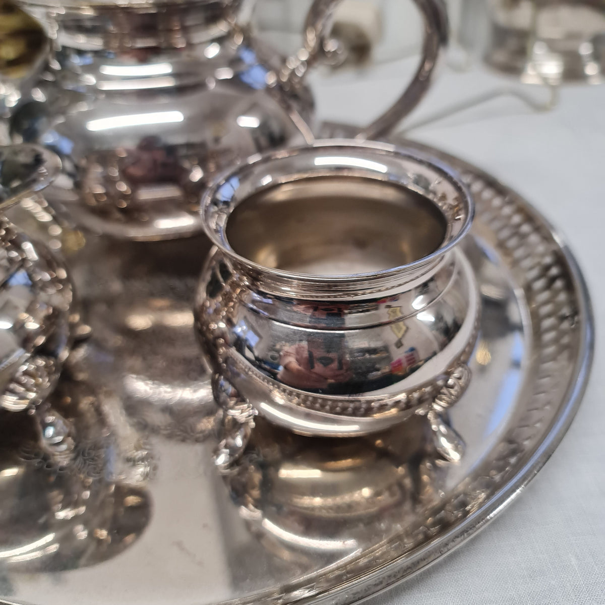 Vintage silver plated teapot , milk jug , sugar bowl and tray