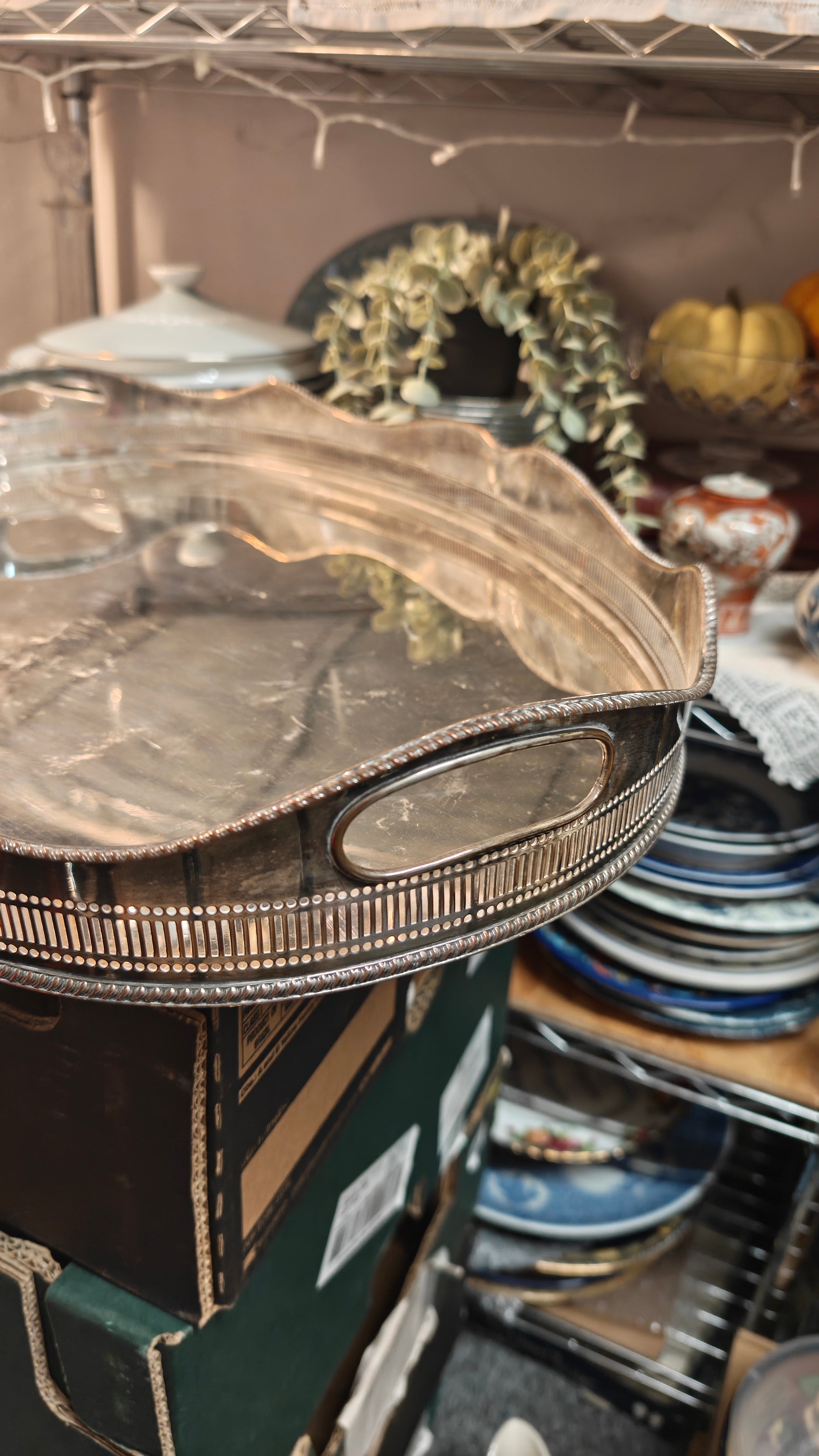 Vintage large silver over copper butler tray with gallery L 56 X w 39 xh 7 cm