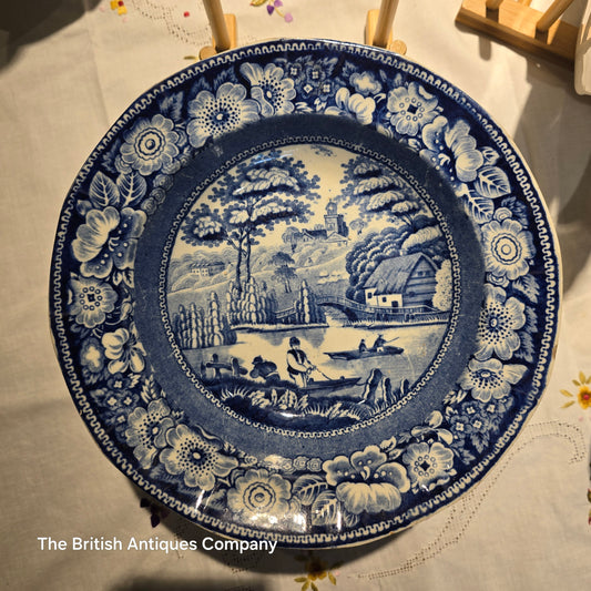 Antique Blue and White Transferware Plate - "Wild Rose" Pattern by B. Well & Co