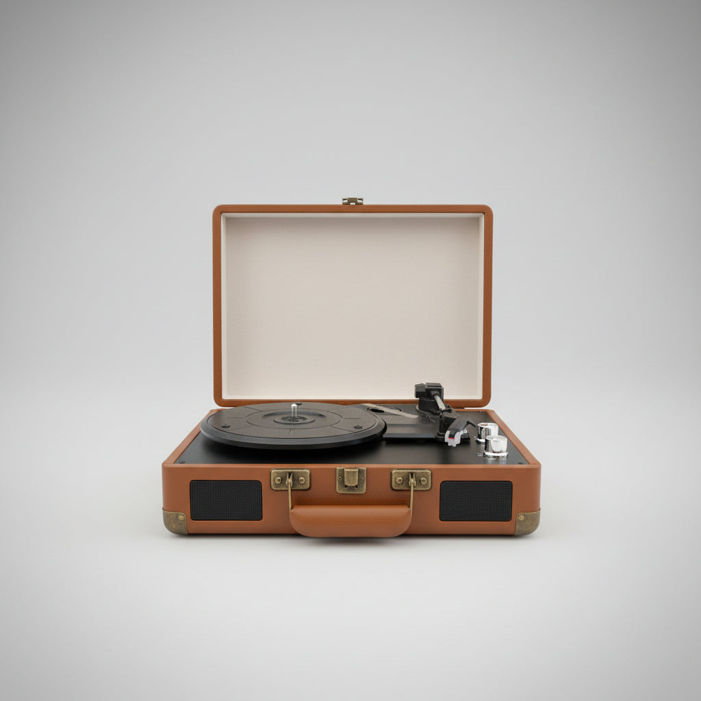 Vintage-Style Portable Suitcase Record Player with Speakers, Saddle Brown