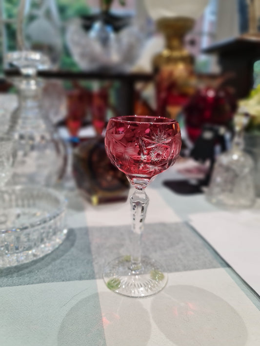 Crystal cut (possible Bacarrat) Nachtmann Stem Glasses with Colored Overlay Cut to Clear