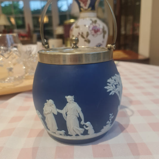 Post 1906 Antique Wedgwood Blue Jasperware Biscuit Barrel