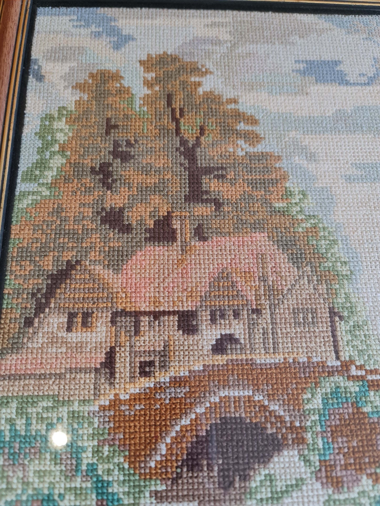 Amazing vintage cross stitches/ needlepoint wall art cottage bridge