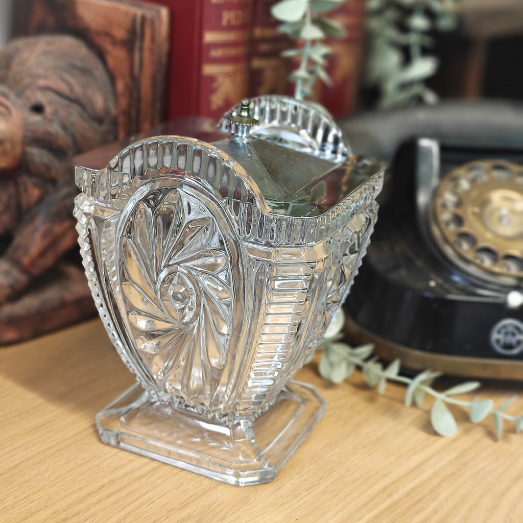 Vintage pressed glass bon bon or biscuit jar with a stainless steel lid