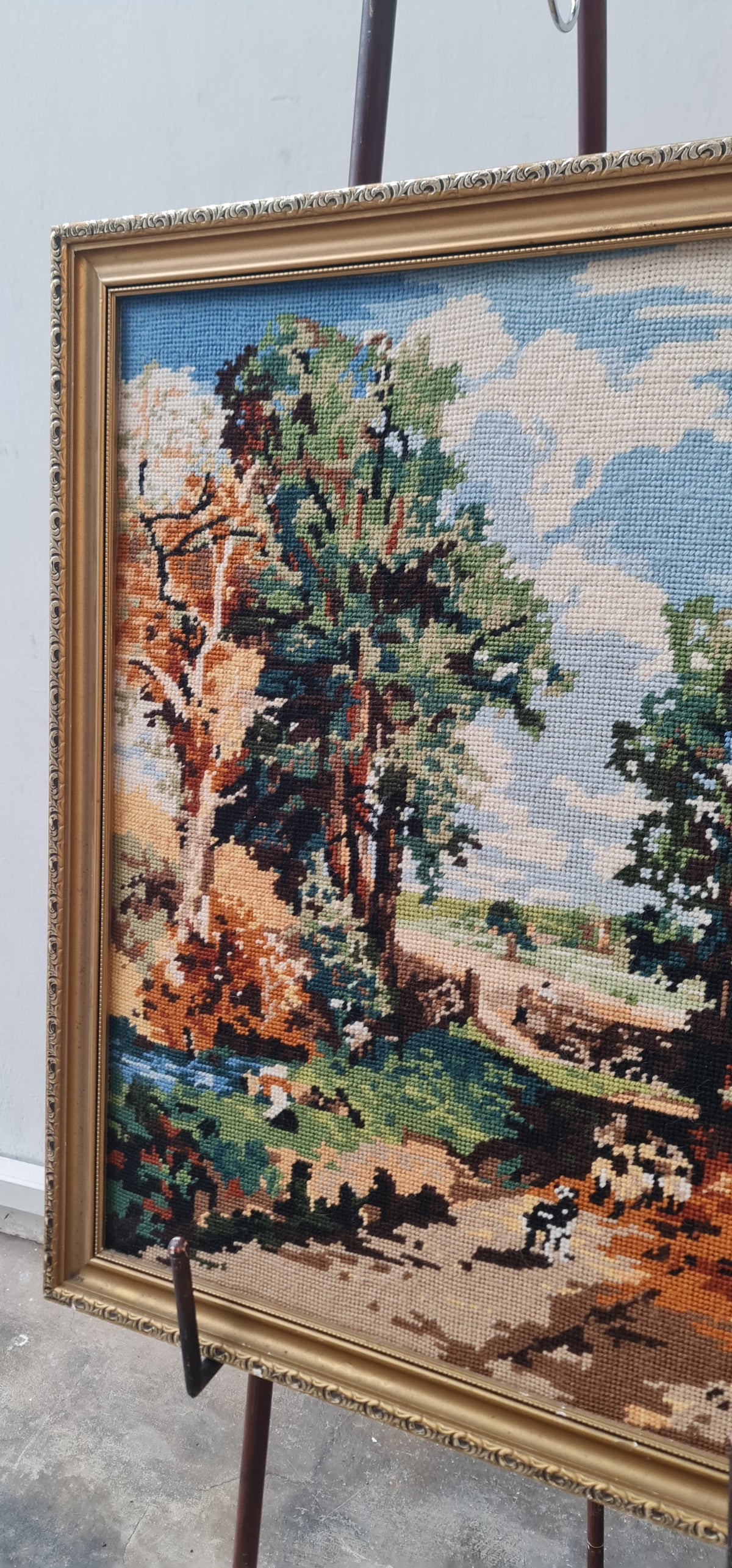 Vintage beautiful Needlepoint art work of traveller in the wood