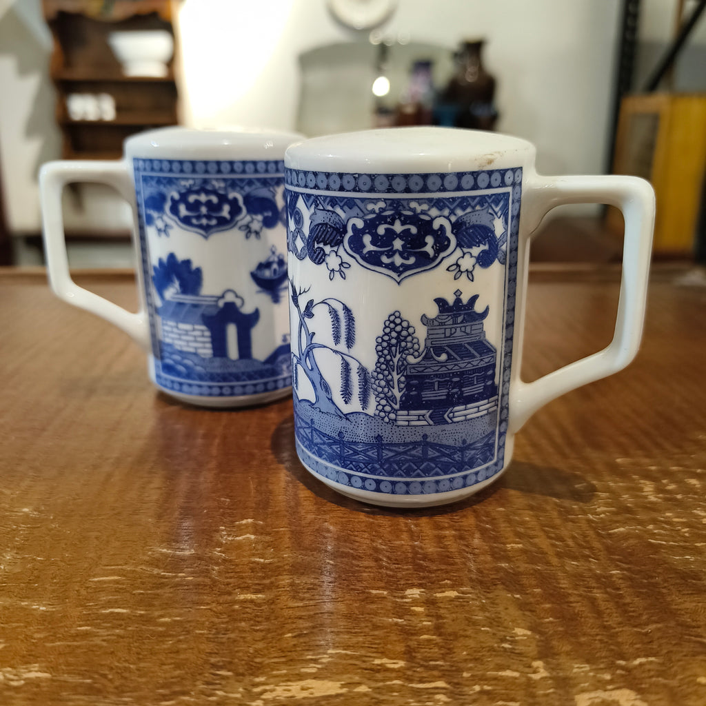Vintage Pair of Blue & White Ceramic Willow Pattern Mug Shakers - Made in Japan, Circa 1950s