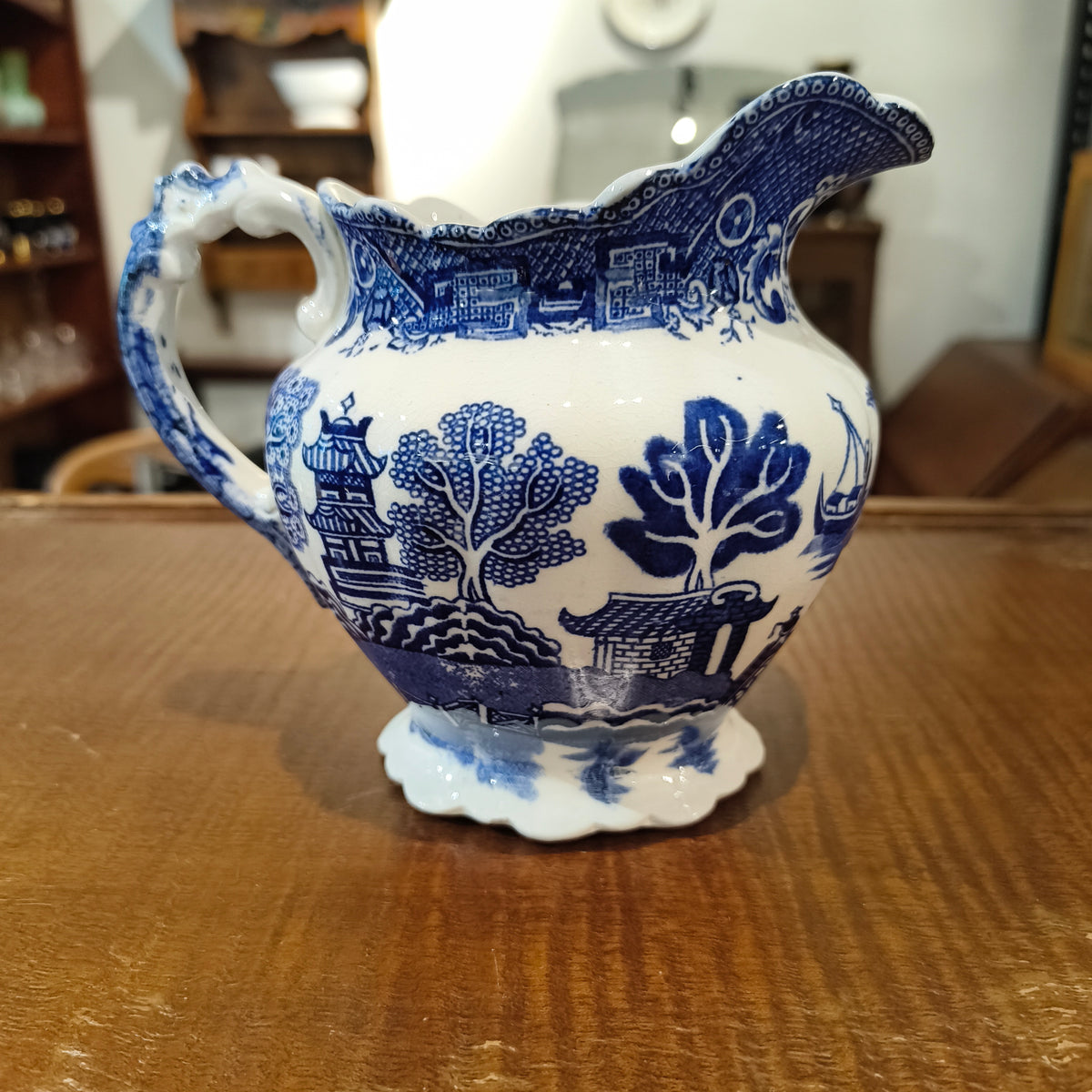 Antique Allertons England Blue Willow Ceramic Milk Jug Creamer Pitcher, c. 1915