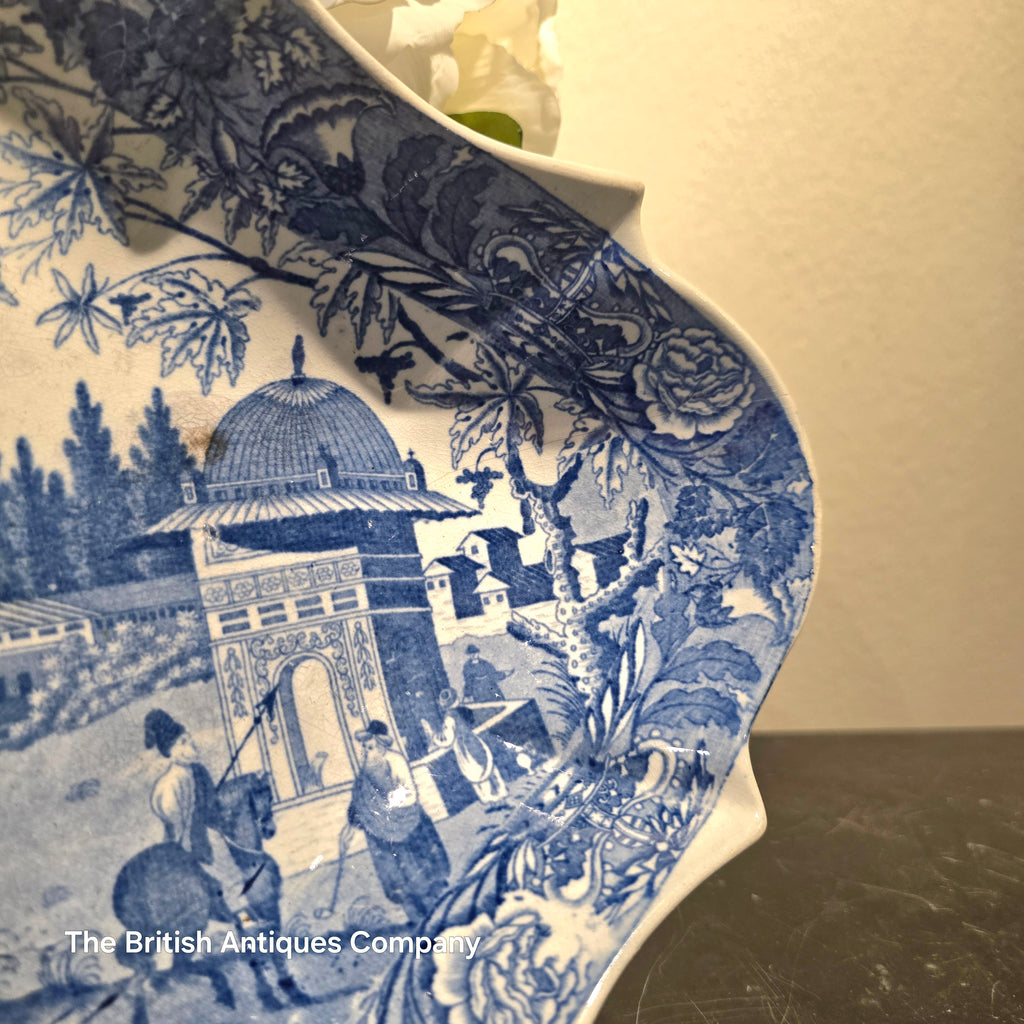 Antique Blue and White Pedestal Bowl / Tazza - Orientalist Landscape Transferware - crack line on
