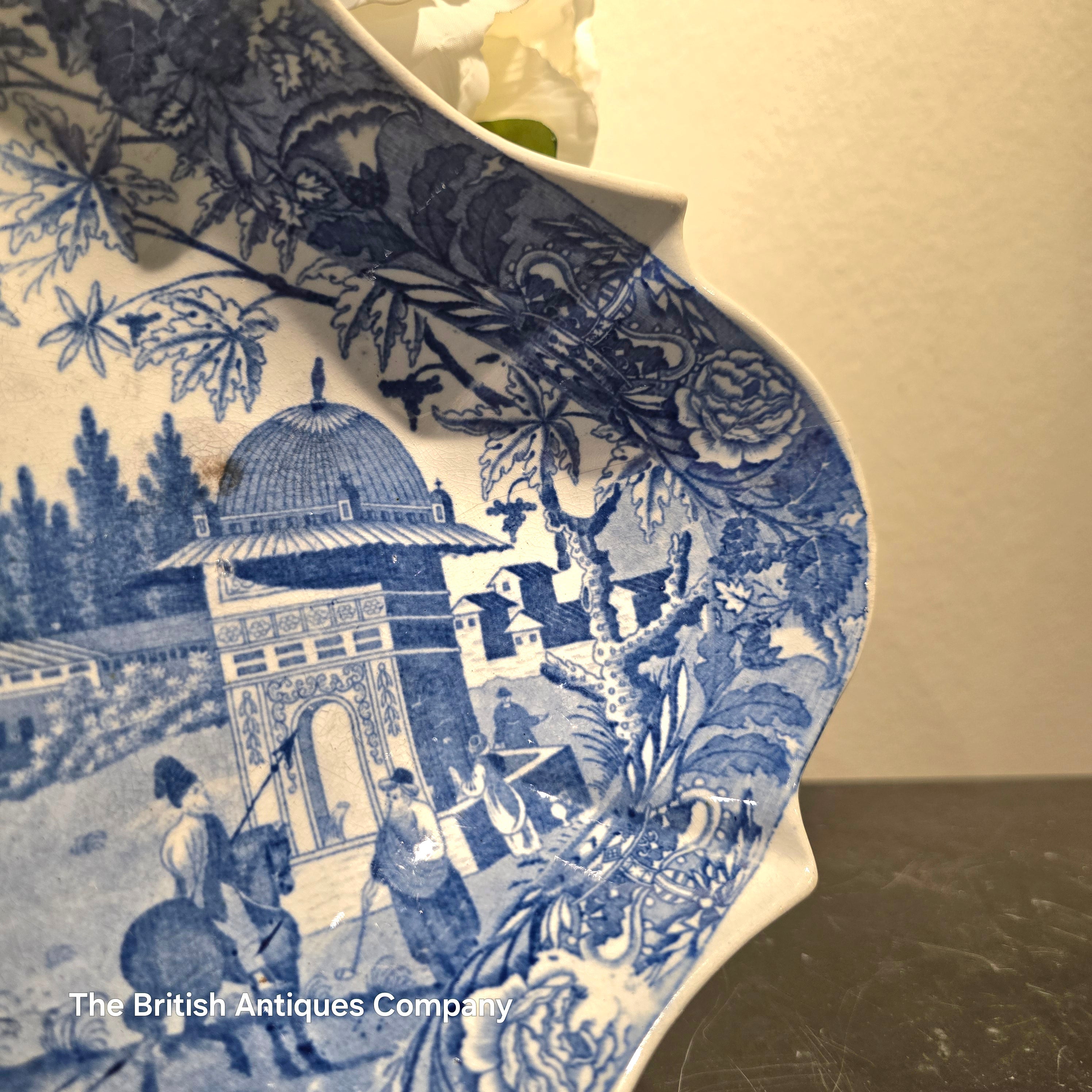 Antique Blue and White Pedestal Bowl / Tazza - Orientalist Landscape Transferware - crack line on