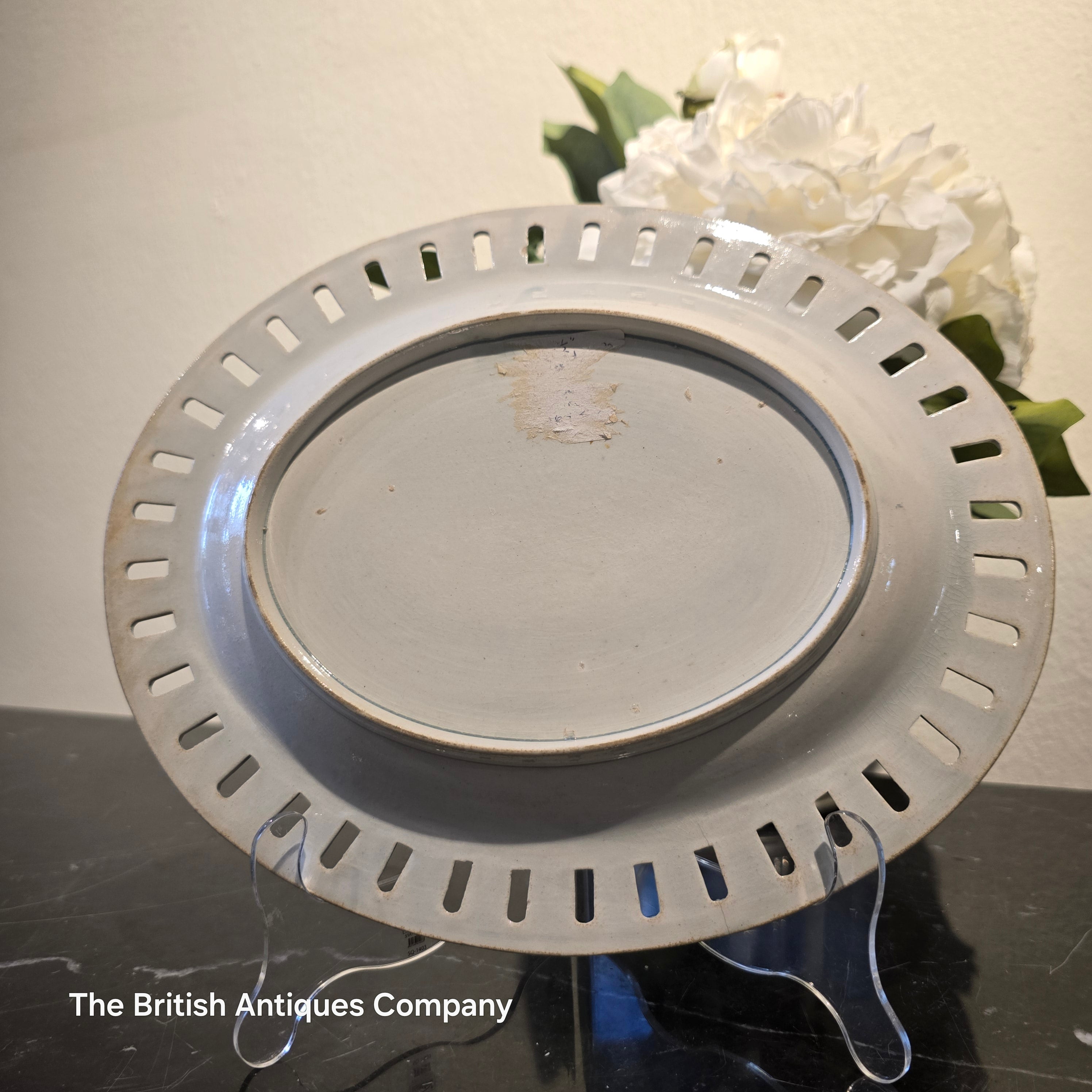 Antique Blue and White Oval Pierced Basketweave Serving Dish