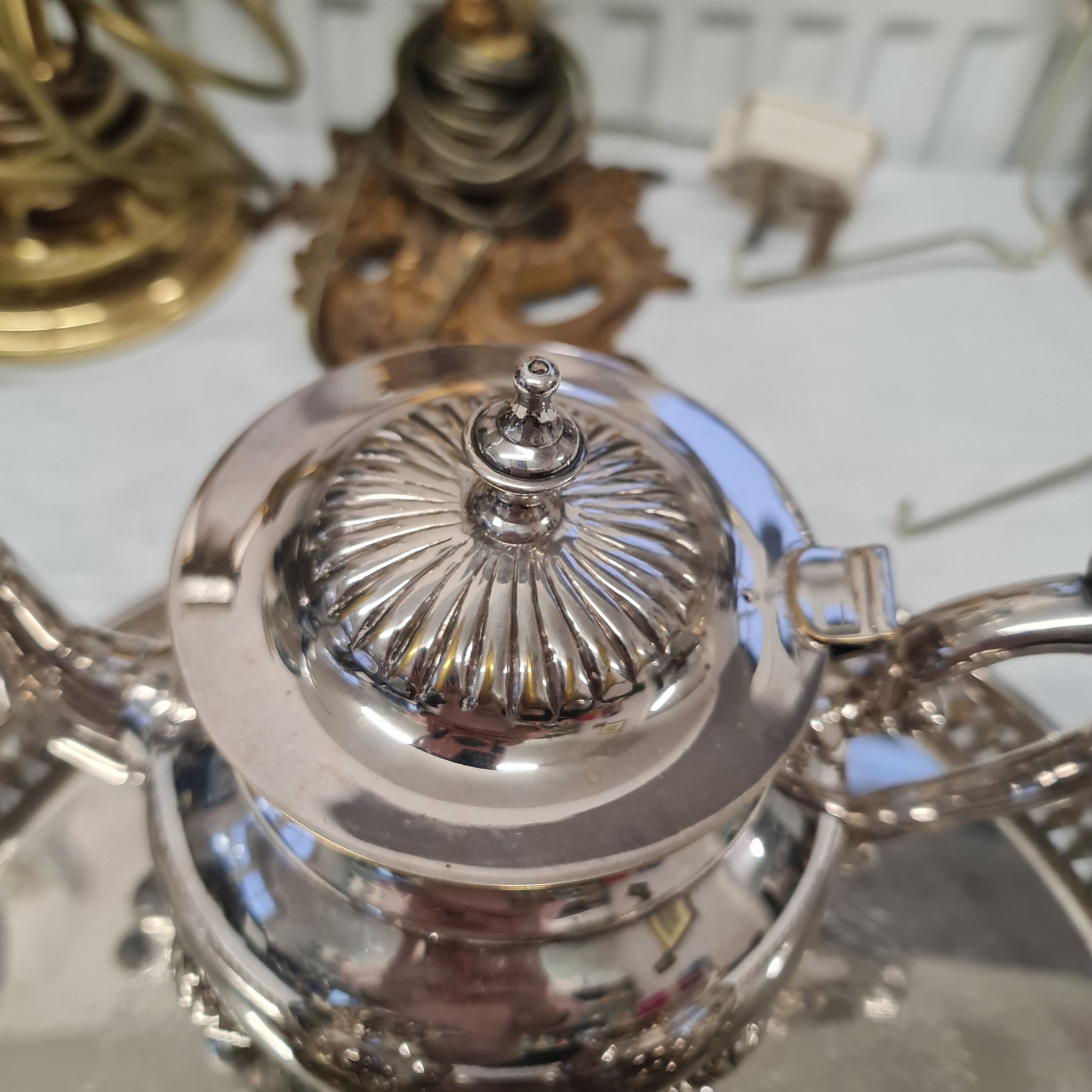 Vintage silver plated teapot , milk jug , sugar bowl and tray