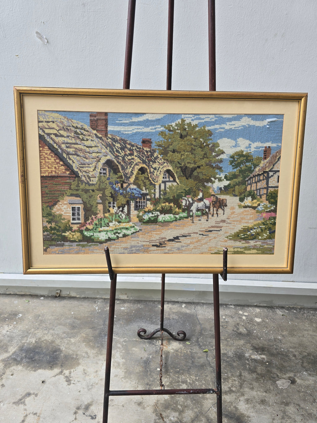 Vintage 1980s Decor. Needle Work Tapestry Picture. Embroidered Cross Stitch Picture