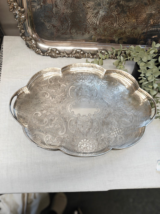 Beautiful Vintage Silver Plated on Copper Oval Scalloped Gallery Serving Tray Sheffield England