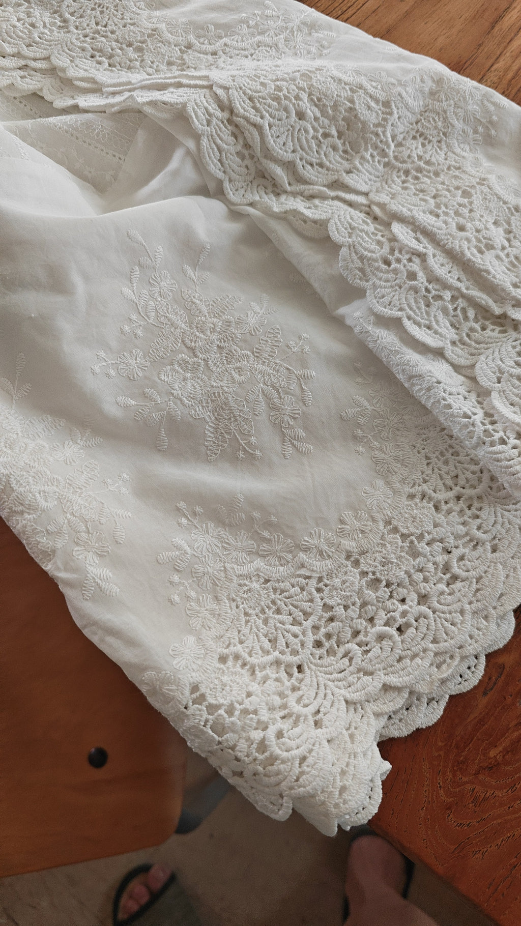 Whimsical French cottage style lace cotton table cloth