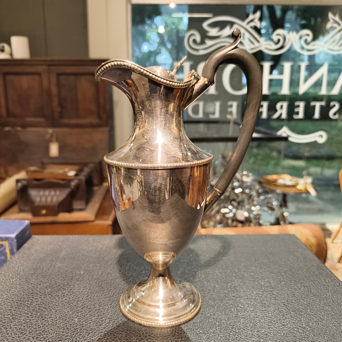 Antique Silver Plated Ewer Pitcher with Beaded Rim & Scroll Handle - EPNS