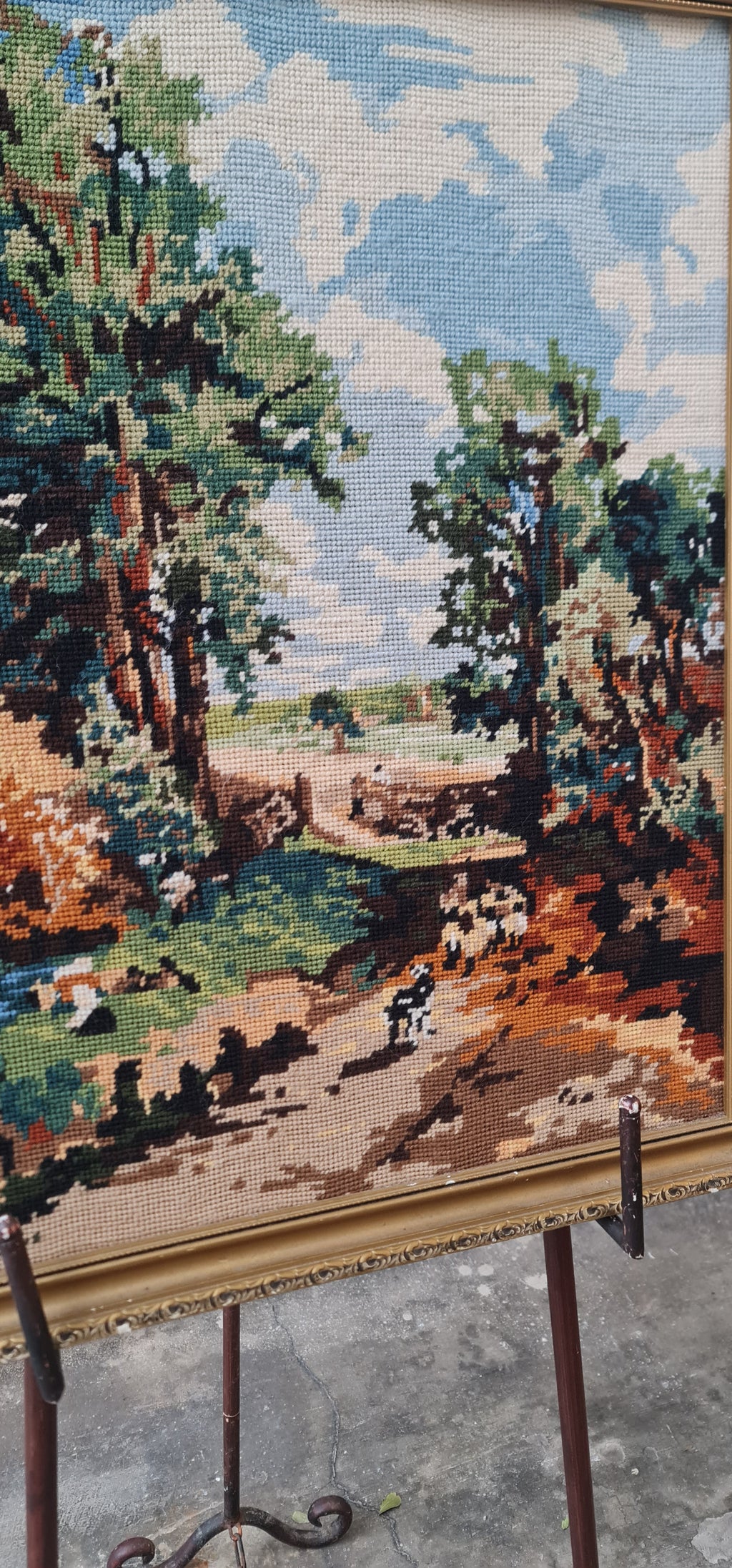 Vintage beautiful Needlepoint art work of traveller in the wood