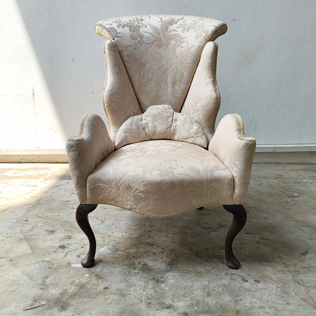 Traditional Antique Cream Damask Wingback Fireside Armchair