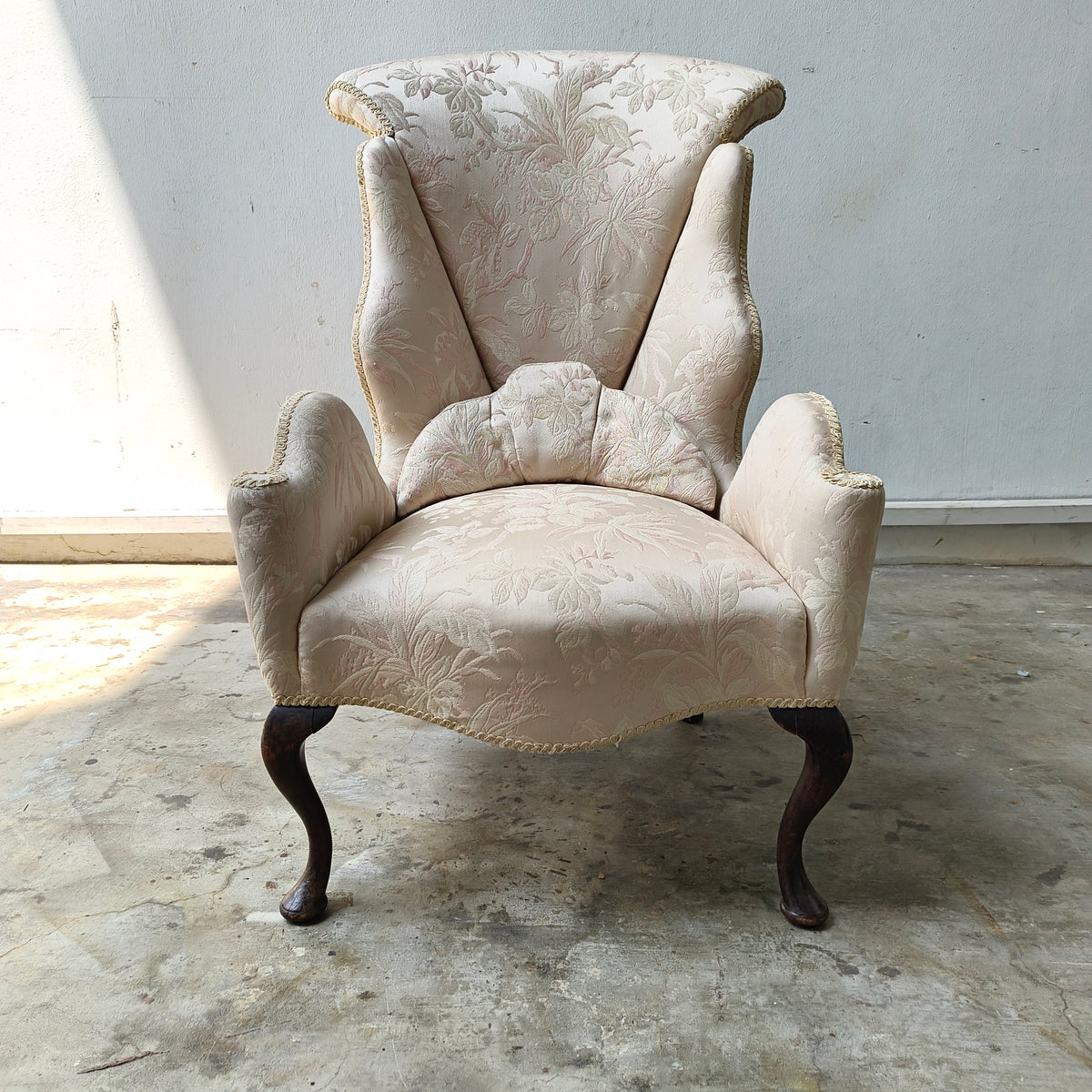 Traditional Antique Cream Damask Wingback Fireside Armchair