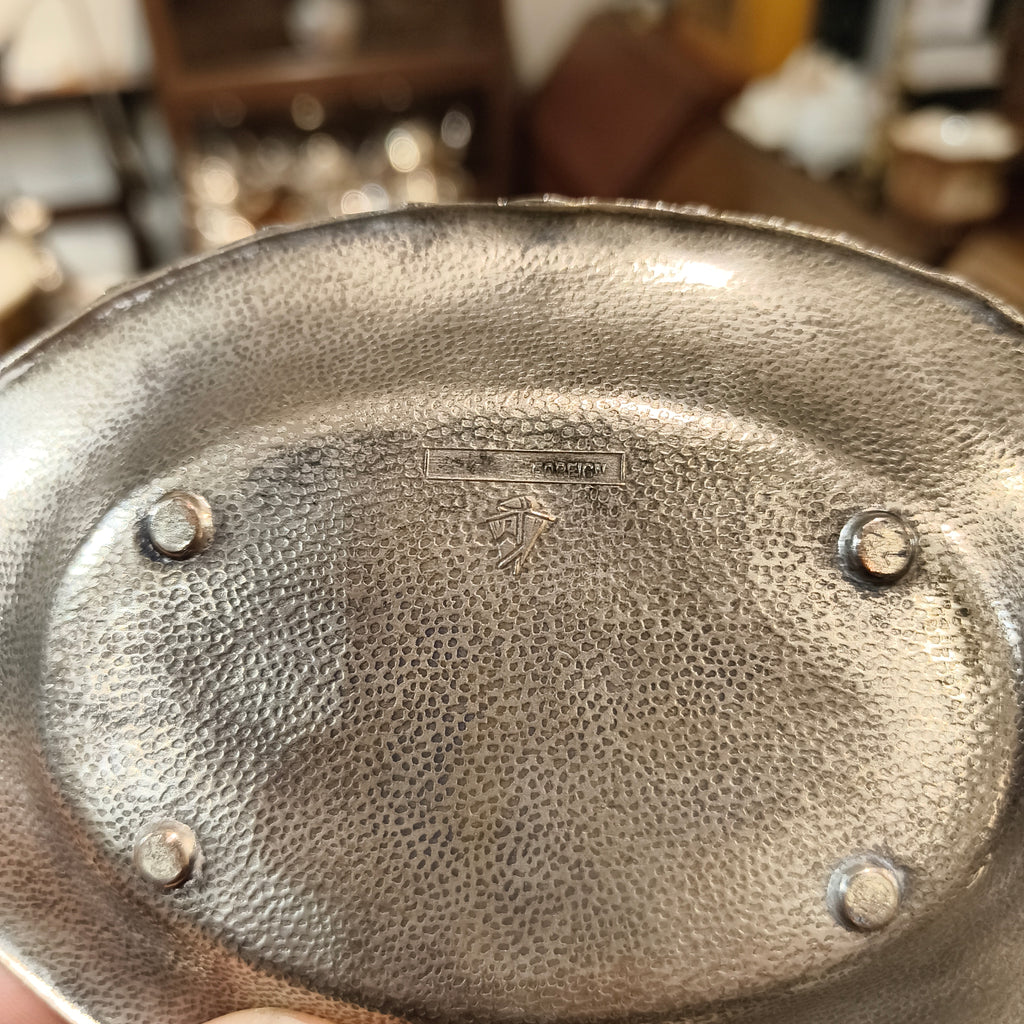 Vintage Silver-Plated Footed Trinket Dish with Embossed Floral Border and Center Crest