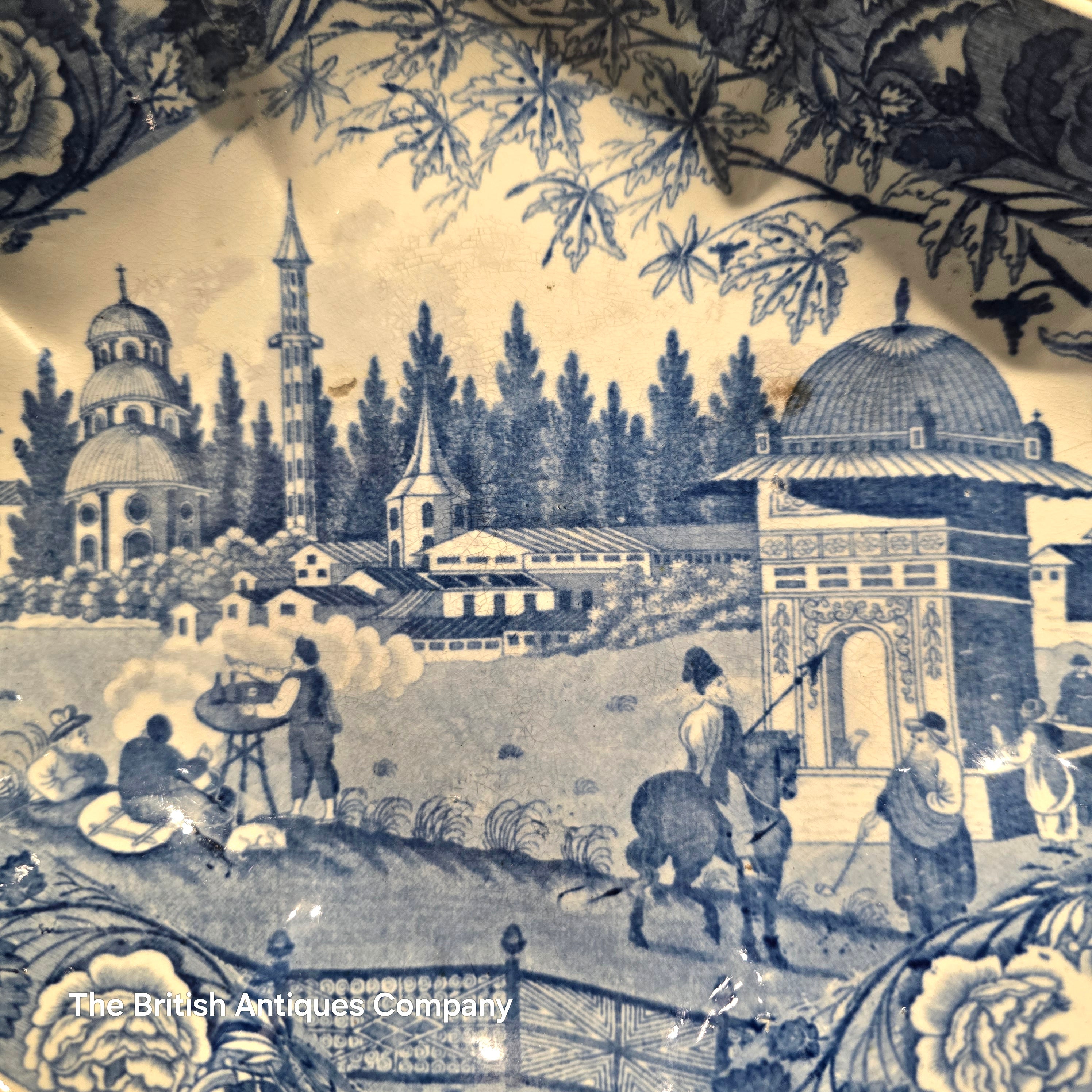 Antique Blue and White Pedestal Bowl / Tazza - Orientalist Landscape Transferware - crack line on