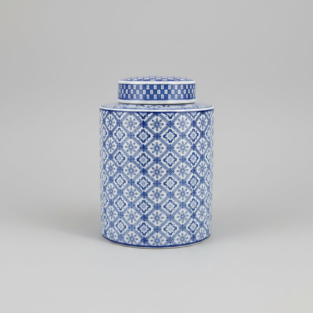 Vintage Blue & White Cylindrical Ceramic Ginger Jar