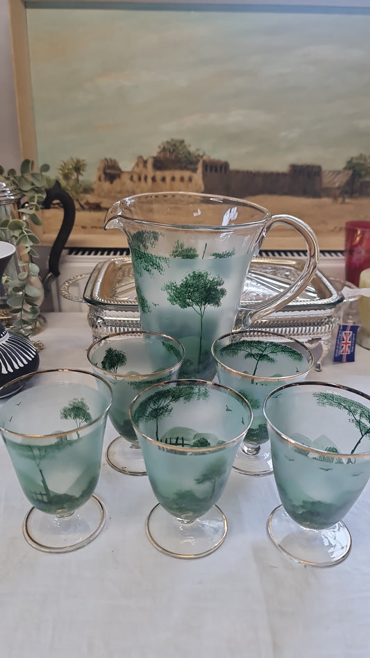 Germany Black Forest handpainted Jug + 5 Glasses